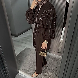 Taş detaylı takım /kahverengi