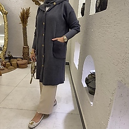 Kapüşon detaylı Angora hırka /antrasit