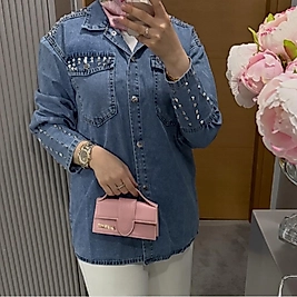 Zımbalı kot gömlek ceket/açık mavi