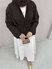 İpek boncuk işlemeli kimono /kahverengi