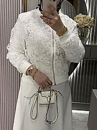 Dantel bomber ceket/beyaz