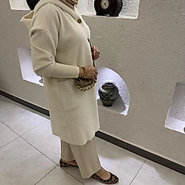 Kapüşon detaylı Angora hırka /ekru
