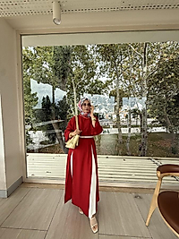Parçalı tam boy keten tunik/kırmızı