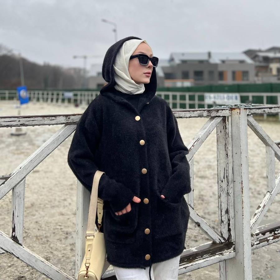 Kapüşon detaylı Angora hırka (siyah)