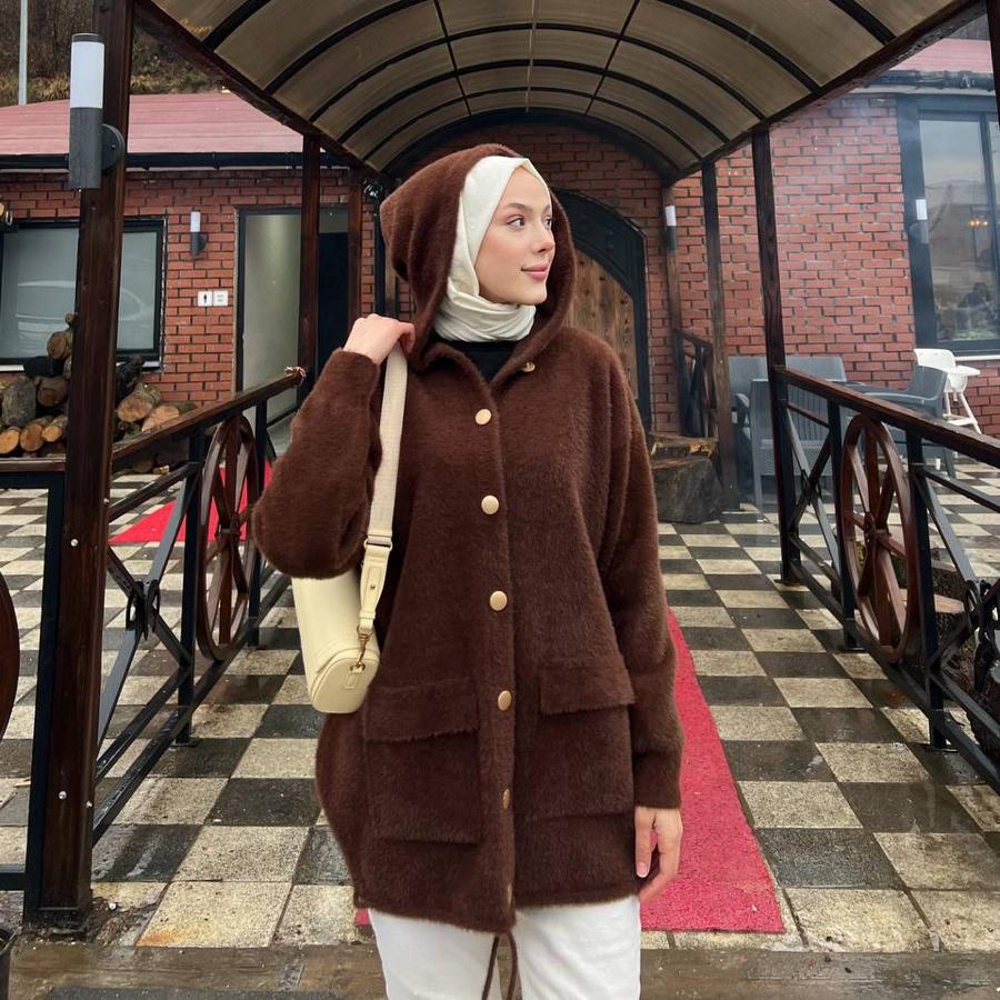 Kapüşonlu Angora hırka(kahverengi)