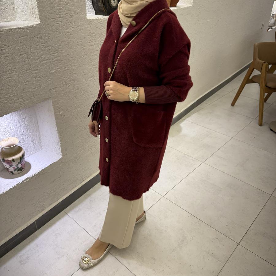Kapüşon detaylı Angora hırka /bordo