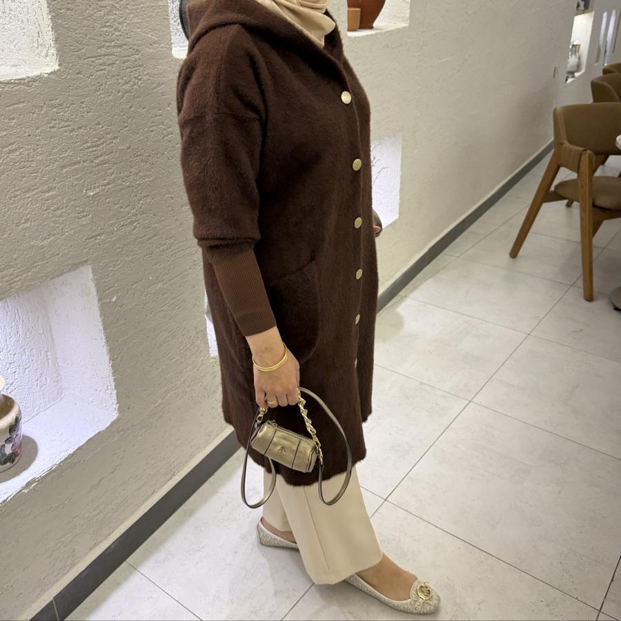 Kapüşon detaylı Angora hırka /kahverengi