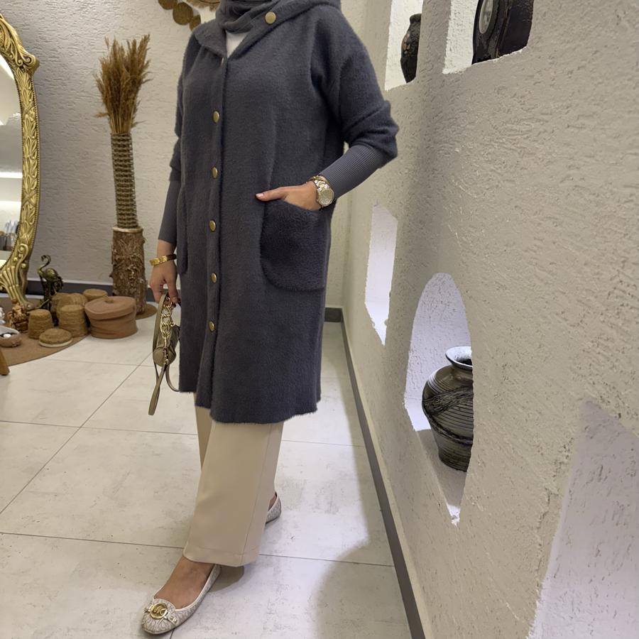 Kapüşon detaylı Angora hırka /antrasit