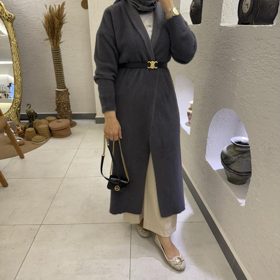 Şal yaka tam boy Angora hırka /antrasit