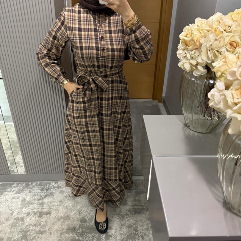 Ekose elbise/kahverengi geçişli