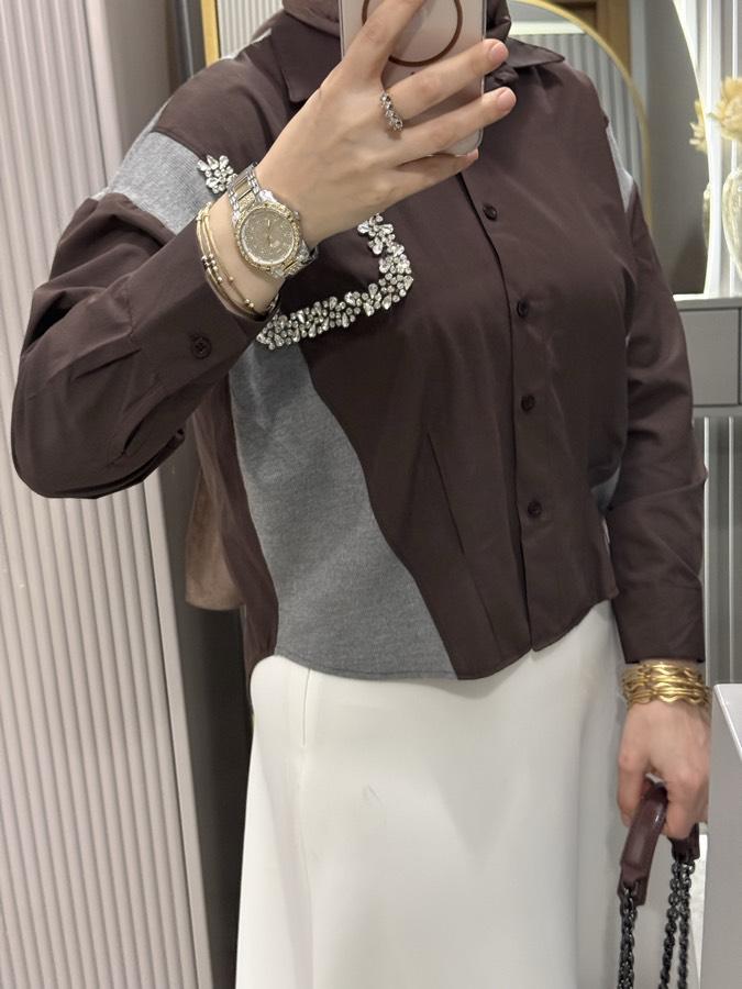 Taşlı twst gömlek/kahverengi