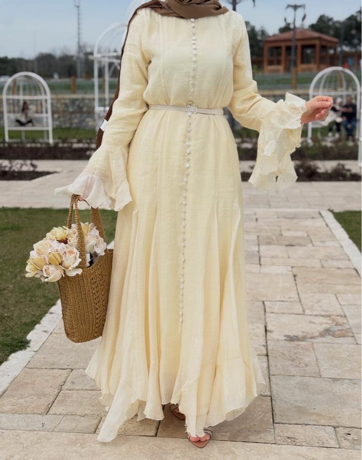 Tensel volanlı elbise/tereyağ sarısı