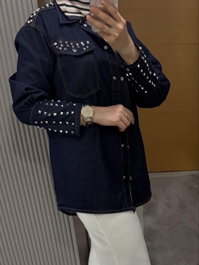 Zımbalı kot gömlek ceket/lacivert