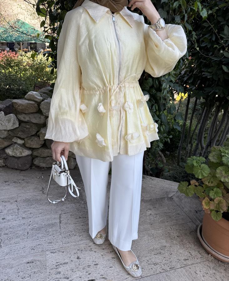 Tensel tül trenç/tereyağ sarısı