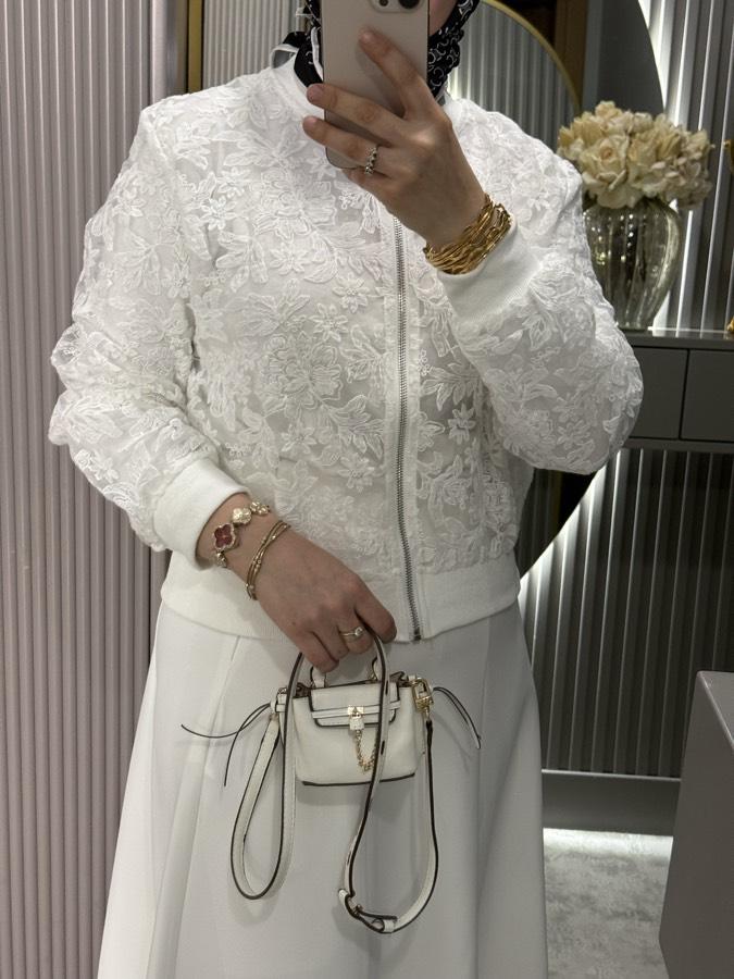 Dantel bomber ceket/beyaz