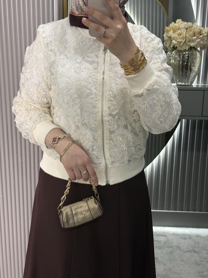 Dantel bomber ceket/bej