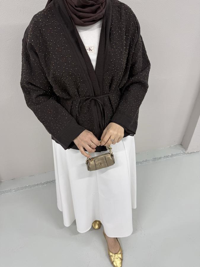 İpek boncuk işlemeli kimono /kahverengi