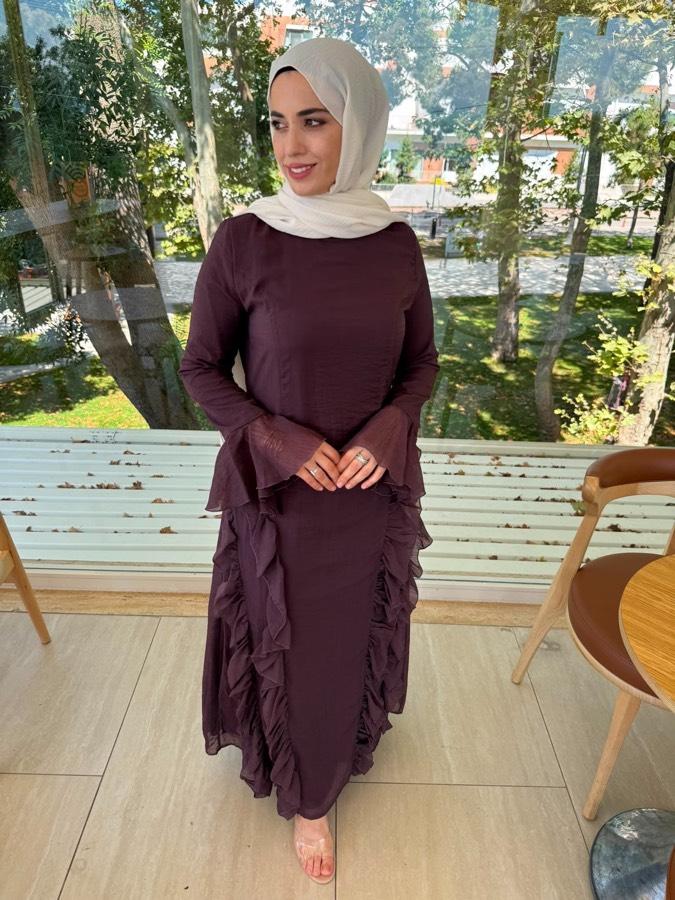 Volanlı elbise/mürdüm
