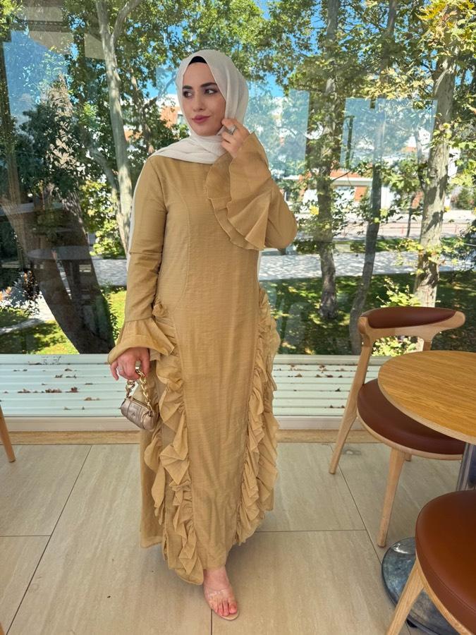Volanlı elbise/yağyeşili
