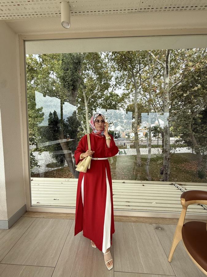 Parçalı tam boy keten tunik/kırmızı
