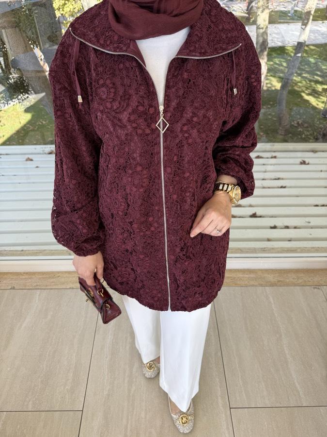 Dantel astarlı trenç/bordo