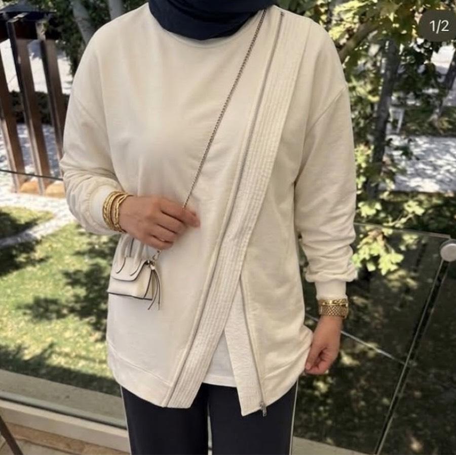 Fermuar detaylı Sweatshirt/beyaz