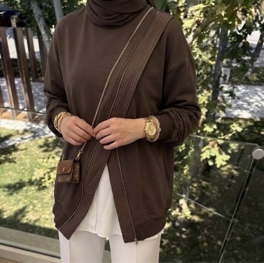 Fermuar detaylı Sweatshirt/kahverengi